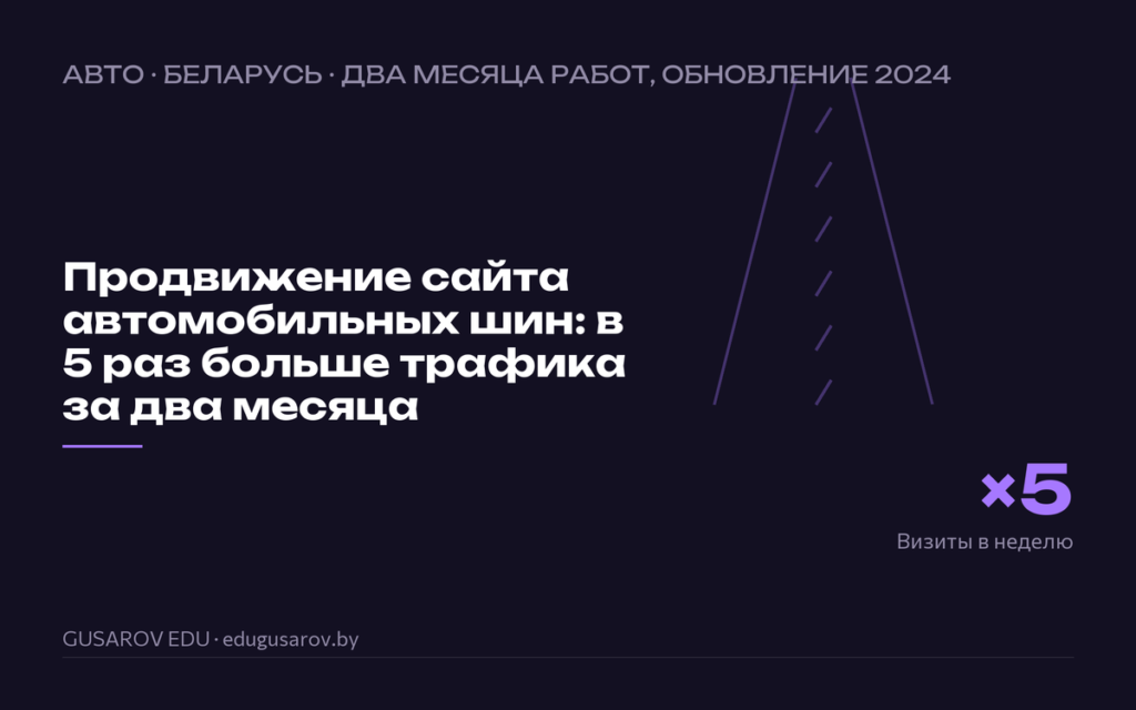 Обложка кейса «Продвижение сайта автомобильных шин: в 5 раз больше трафика за два месяца», ключевая цифра ×5 визиты в неделю