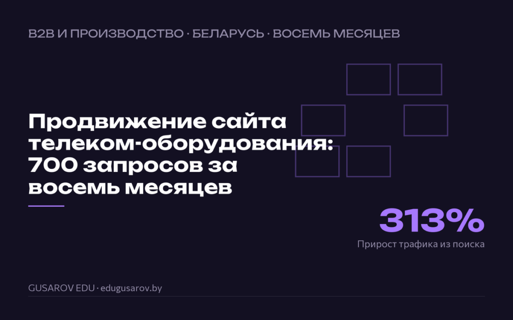 Обложка кейса «Продвижение сайта телеком-оборудования: 700 запросов за восемь месяцев», ключевая цифра 313% прирост трафика из поиска